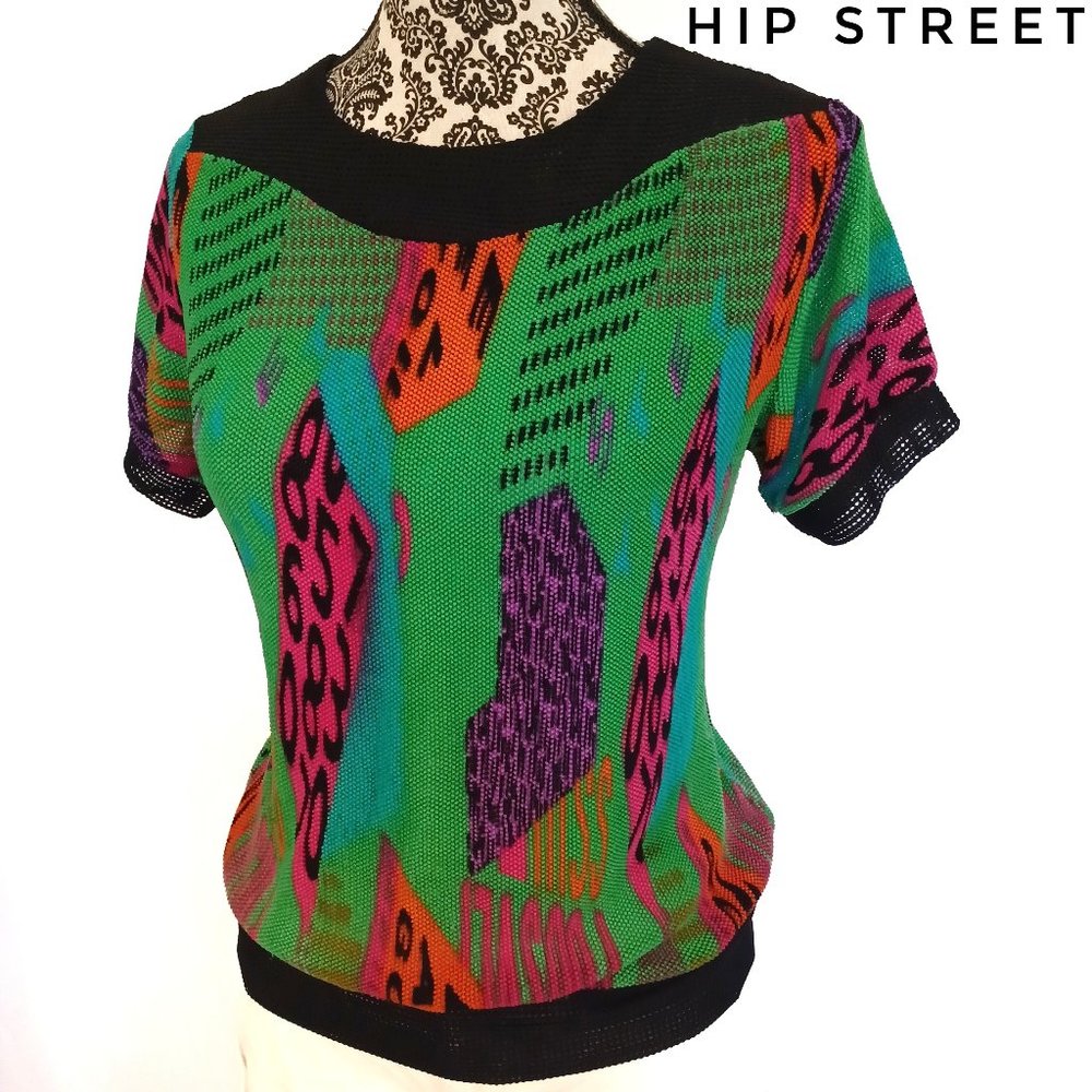 MULTI COLOR Urban Number Letters Small Waffle Weave Silky Knit SS Sweater S/M